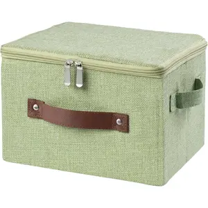 Storage Bins with Zipper Lid Foldable Fabric Lidded Storage Boxes Baskets Cubes Washable Collapsible PU Leather Handle Cotton Linen Fabric Shelf Closet Organizer Container(Green, Small Size)