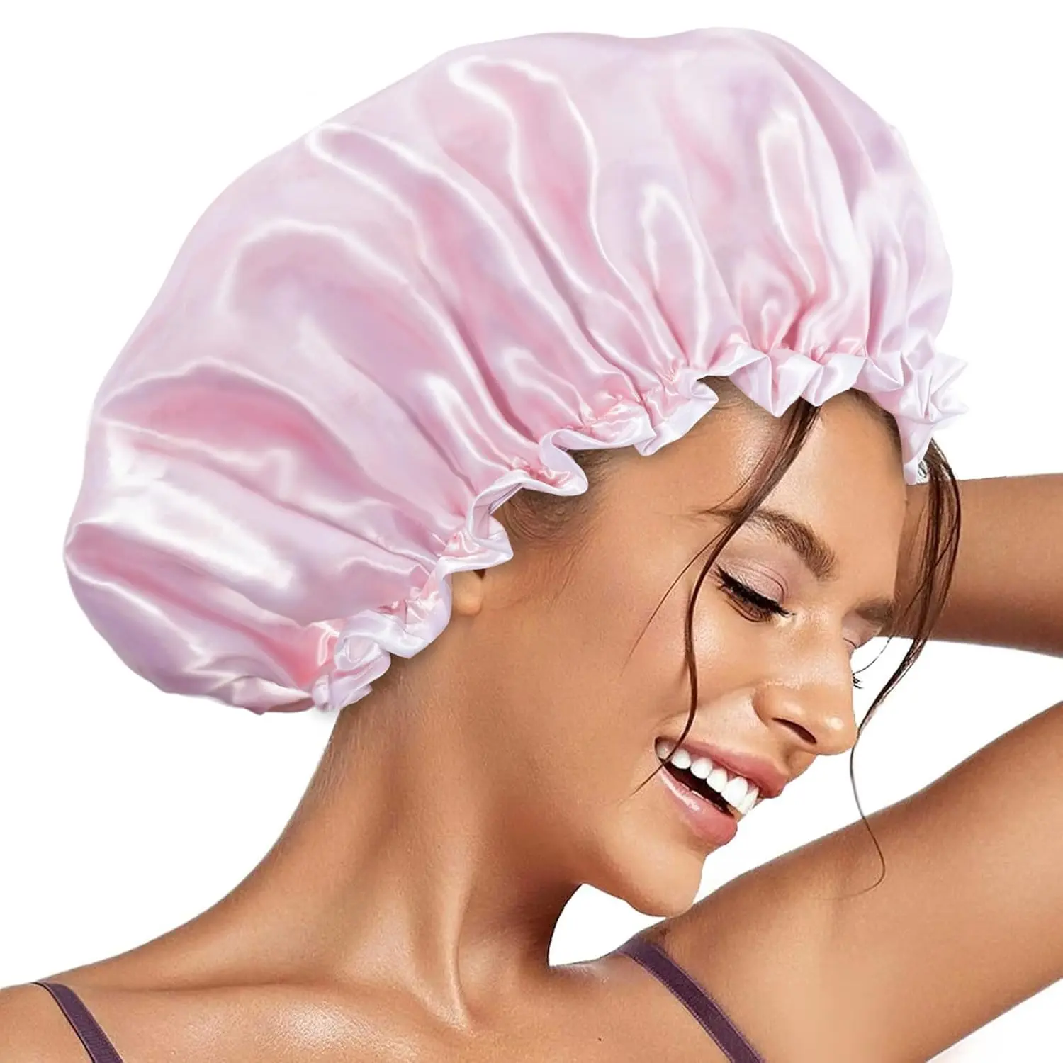 Shower Caps, Reusable Shower Cap for Women, Double Layer Waterproof Bonnet Hair Cap, Large Size for All Hair Lengths,for Girls Spa Home Salon Use (Pink Cloud)