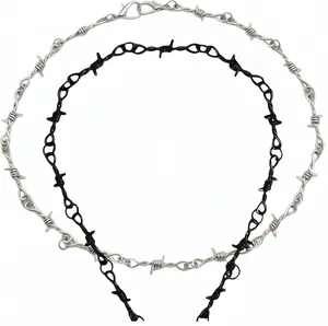 2Pcs Barbed Wire Chain Necklace, Hip-Hop Punk Rock Style, Black and Silver