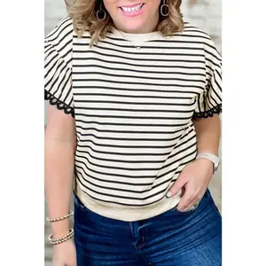 Black Stripe Eyelet Trimmed Ruffled Short Sleeve Plus Size Top