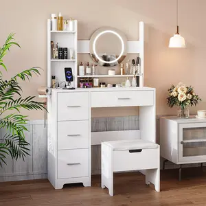 [SummerVibes] Vabches White Makeup Vanity with Lights, Adjustable 3 Lighting Modes, 4 Large Drawers, Vanity Table with Power Outlet, Makeup Table with Chair for Girl, Makeup Vanity Glass, Modern Led Dresser