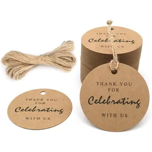 Thank You for Celebrating with  Tags, 2.2in  Design  Paper  Tag, 100 count Thank You Present Tags with String for  Wrap, Wedding,  Shower, Holiday Party Favor (Brown)