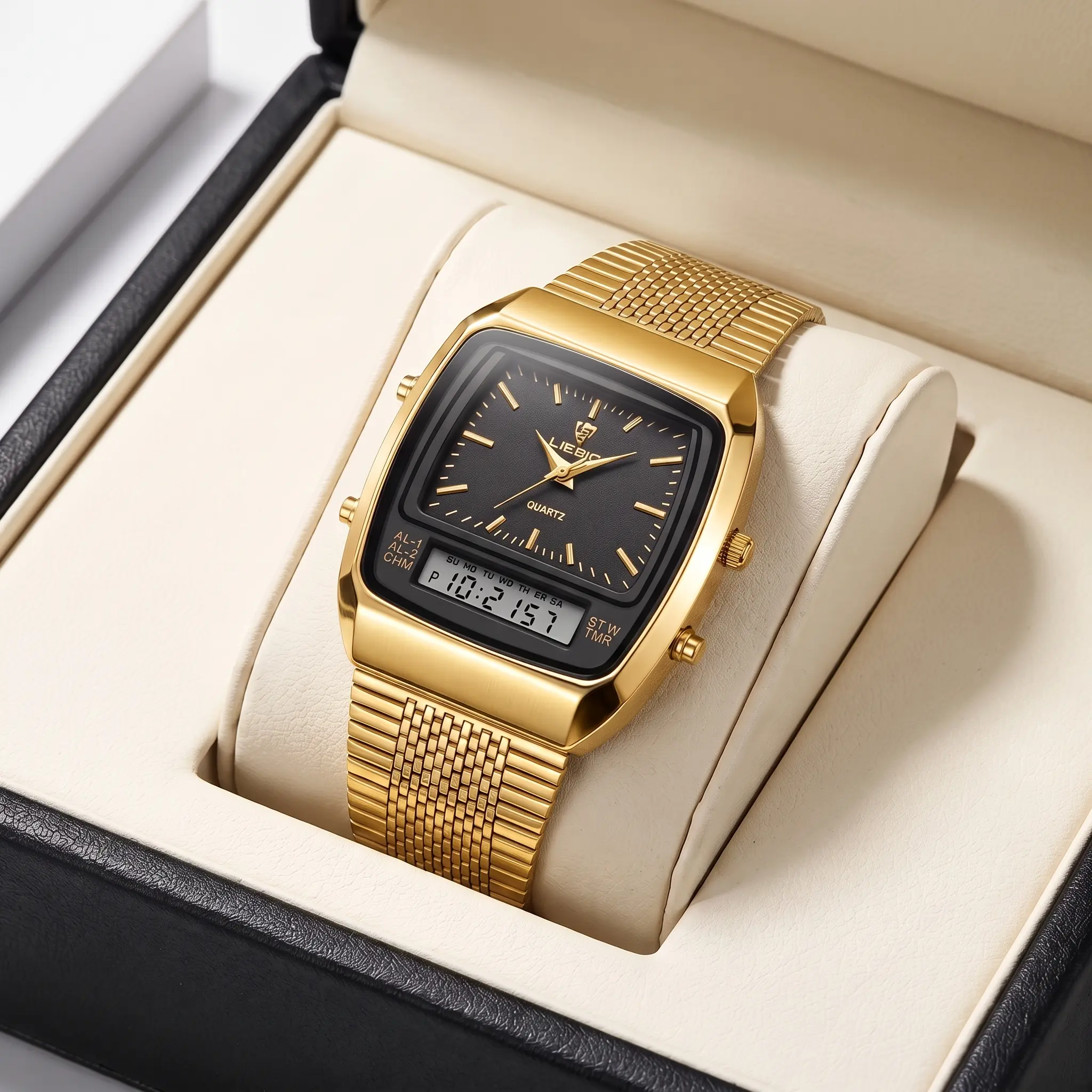 LIEBIG Men's Retro Stainless Steel Wristwatch, Square Case, Mesh Strap, Analog-Digital Dual Display, Rectangular Face Shape, 3ATM Daily Splash Resistant, Alarm, Timer, Calendar, Black and Gold & Silver Easy-to-Use Options, Gold And Silver