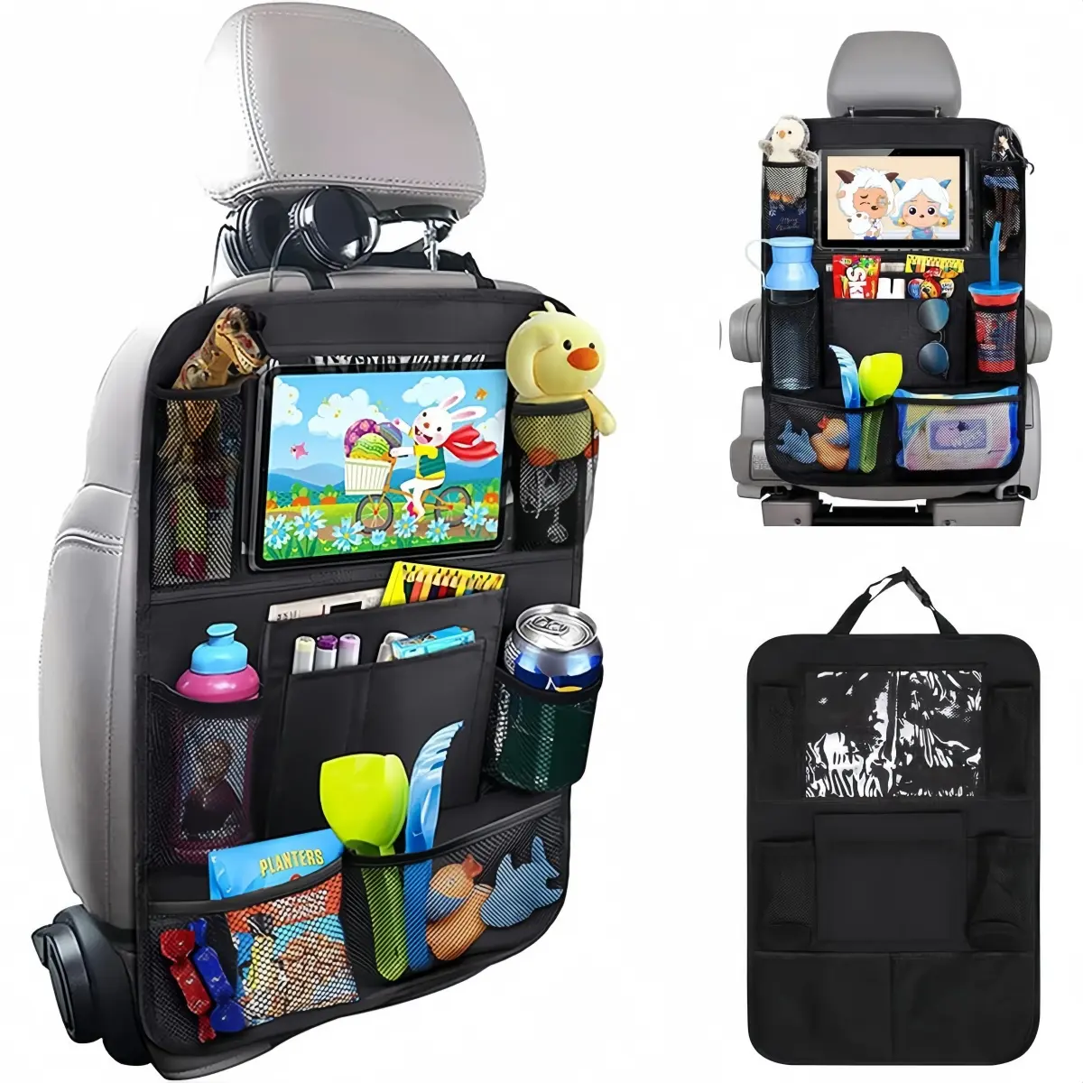 Car Backseat Organizer with 10" Table Holder, 9 Storage Pockets Seat Back Protectors Kick Mats for Kids Toddlers, Travel Accessories, 2 Pack