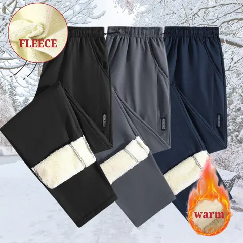 Men's warm fleece snow pants - Thick and warm long-length, with a loose leg design and adjustable fit, suitable for outdoor leisure, sports and hiking wear, featuring a fashionable and casual style.