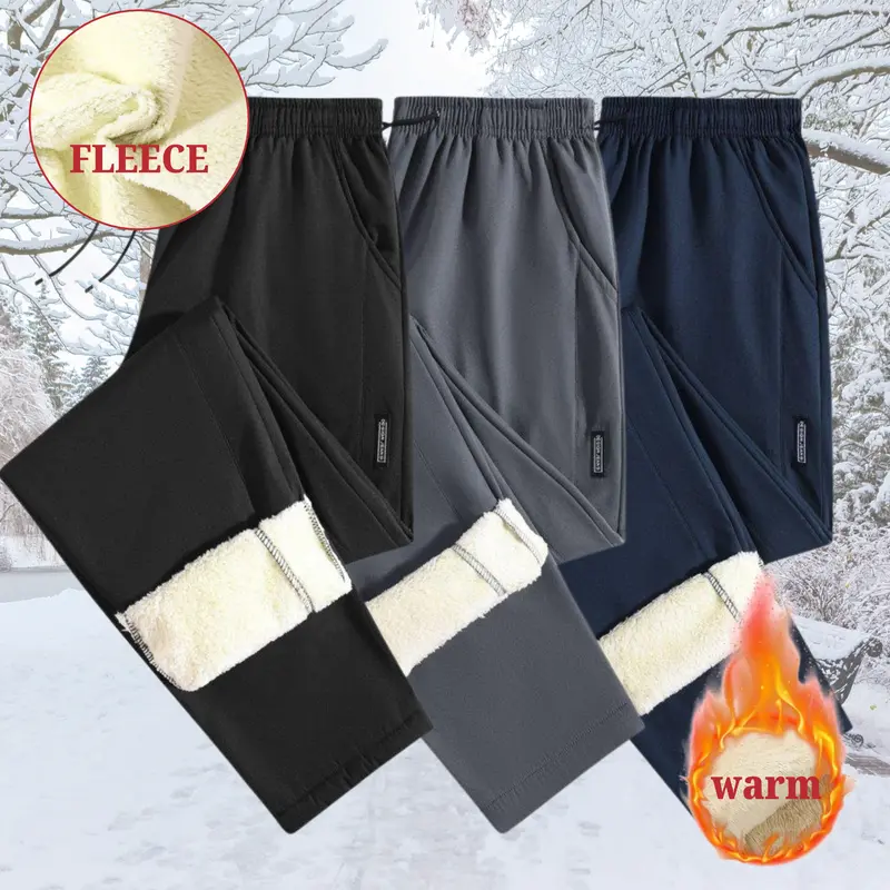Men's warm fleece snow pants - Thick and warm long-length, with a loose leg design and adjustable fit, suitable for outdoor leisure, sports and hiking wear, featuring a fashionable and casual style.