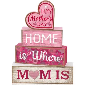 4 Pcs Mothers Day Table Decorations Wooden Pink Heart Decor Happy Mother's Centerpieces Gifts for Mom from Daughter Son Mothers Day Decorations for Home Shelf Indoor Party Decoration