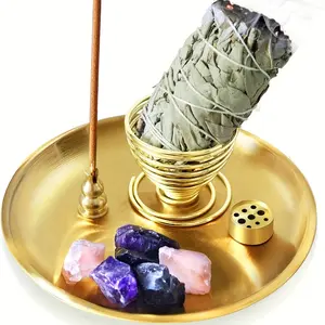 7-in-1 Aroma Burner, White Sage Scented Incense Stand, Palosoto Incense Stick Incense Stand, Suitable for Pan Incense and Tower Incense, 5.5-inch Gray Plate, Suitable for Yoga Studio (Gold), Mostly Used as Festival Gifts