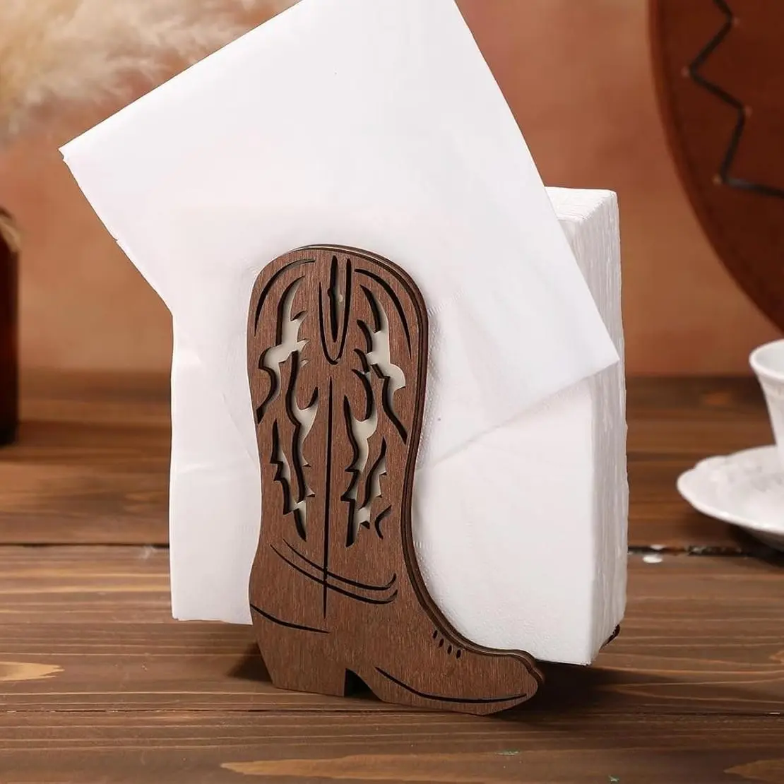 Western Cowboy Boot Napkin Holder, Rustic Wooden Stand, Open Top Design, Stable Base, Kitchen, Farmhouse, Western Party Decor, Tissue Holder