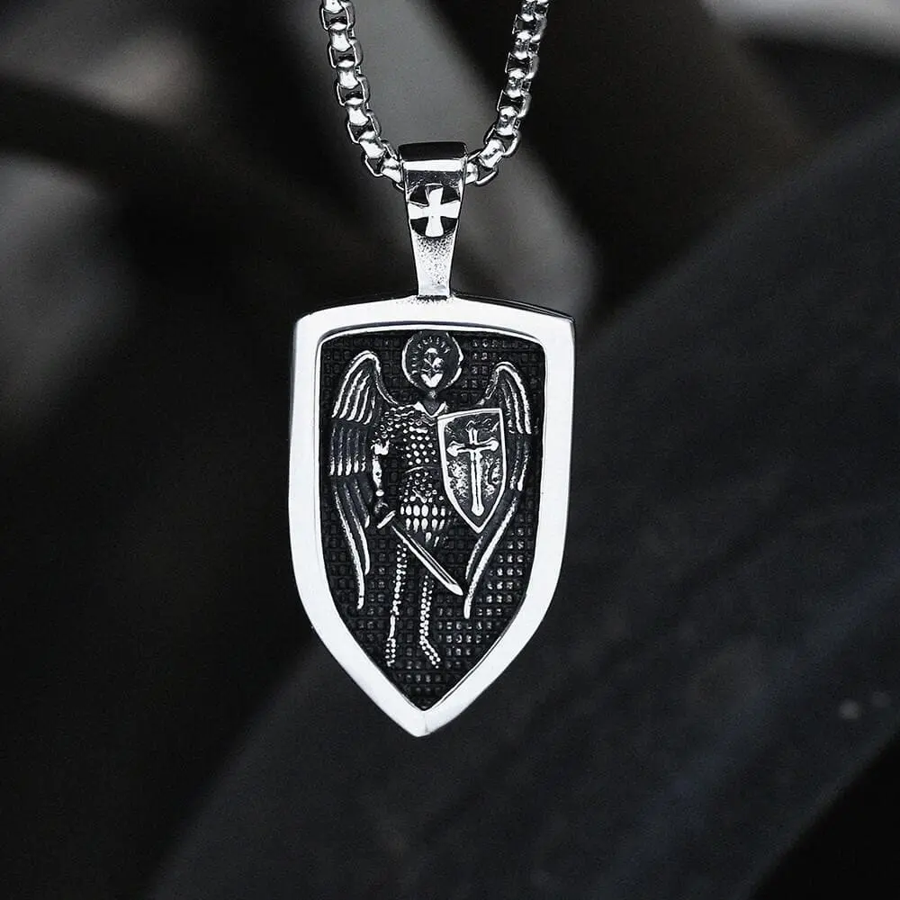 GTHIC Courage & Elegance Archangel Saint Michael Shield Stainless Steel Pendant, Unisex Birthday Gift for Jewelry Accessories Lovers