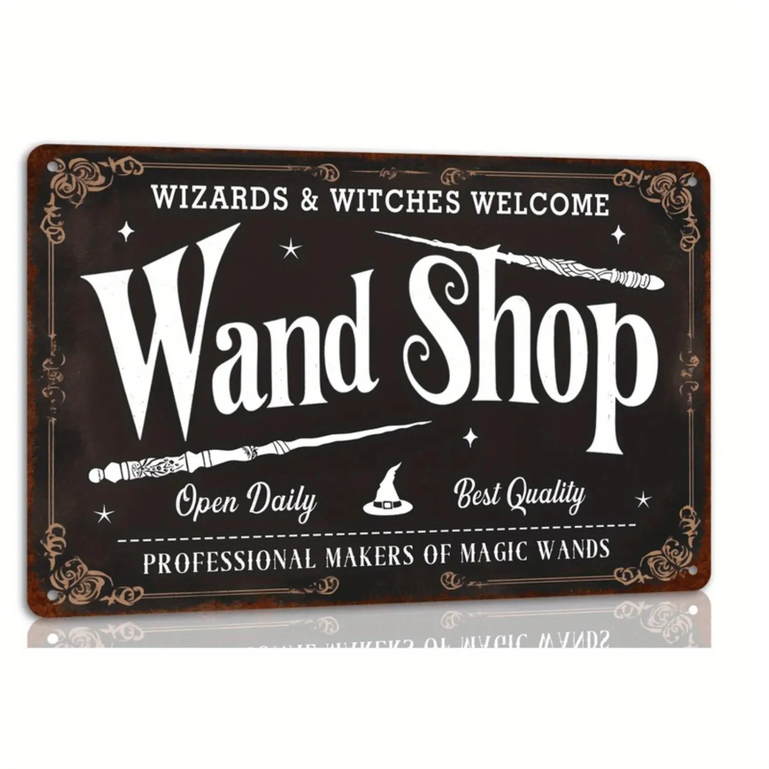 Vintage Halloween 8x12 Inch Metal Tin Sign - Wand Shop Wizards & Witches Welcome Novelty Decor Wall Metal Plaque, Perfect for Farmhouse Decor, Haunted House Parties
