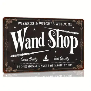 Wand Shop Wizards & Witches Welcome - Vintage Halloween Metal Tin Sign, 8x12 Inch | Perfect for Farmhouse Decor, Haunted House Parties & Home