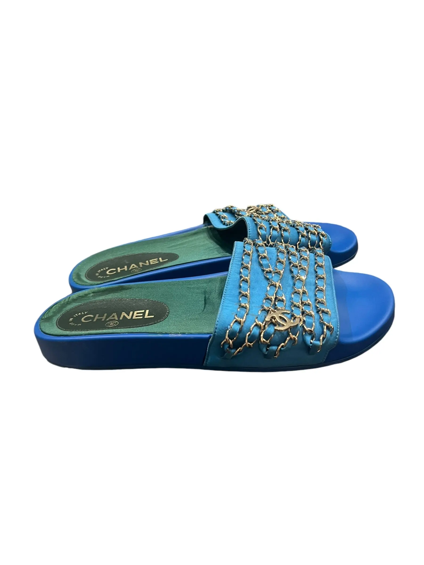 CHANEL: French Blue, Canvas Chain & Interlocking CC Logo Flat