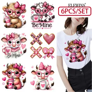 6 Pcs Valentine's Day Highland Cow Iron on Transfer Patches Heat Transfer Stickers for T-shirts Jeans Hats Bags Easy Peel and Apply Washable No Crack Fabric Decals for Festival DIY Crafts Costume DIY Material