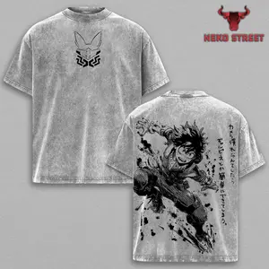 Deku Izuku Midoriya Acid Washed Tee, My Hero Academia Anime Graphic T-Shirt, Vintage Washed Cotton, Double Printed Oversize Top, Unisex Casual Streetwear, Gift For Anime Fan