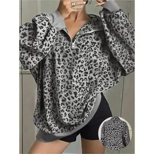 Plus Size Women's Leopard Print Long Sleeve Casual Sweatshirt with a Half-Zip V-Neck and Bishop Sleeves, Perfect for Y2K Grunge or Laid-Back Vibes, Soft Knit Fabric with Contrast Trim