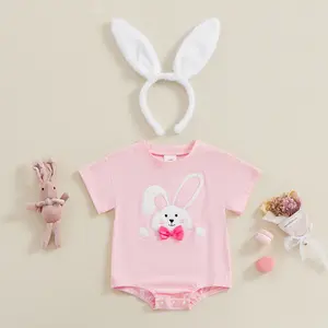 Imcute Infant Baby Girls Easter Romper Short Sleeve Crew Neck Bunny Embroidery Romper Onesie Bidysuit with Rabbit Ear Headband