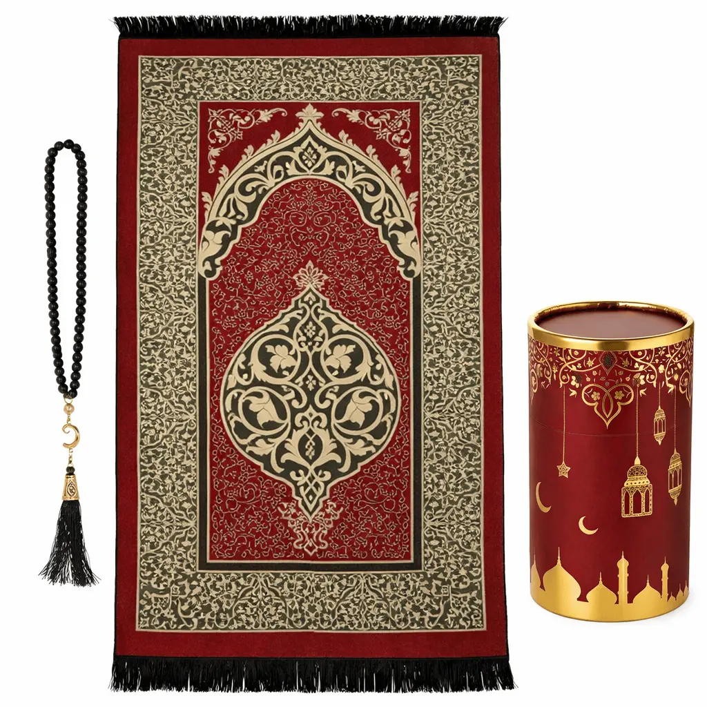 Ramadan Lantern Cylinder Gift Box Set with Prayer Mat & Prayer Beads - Red