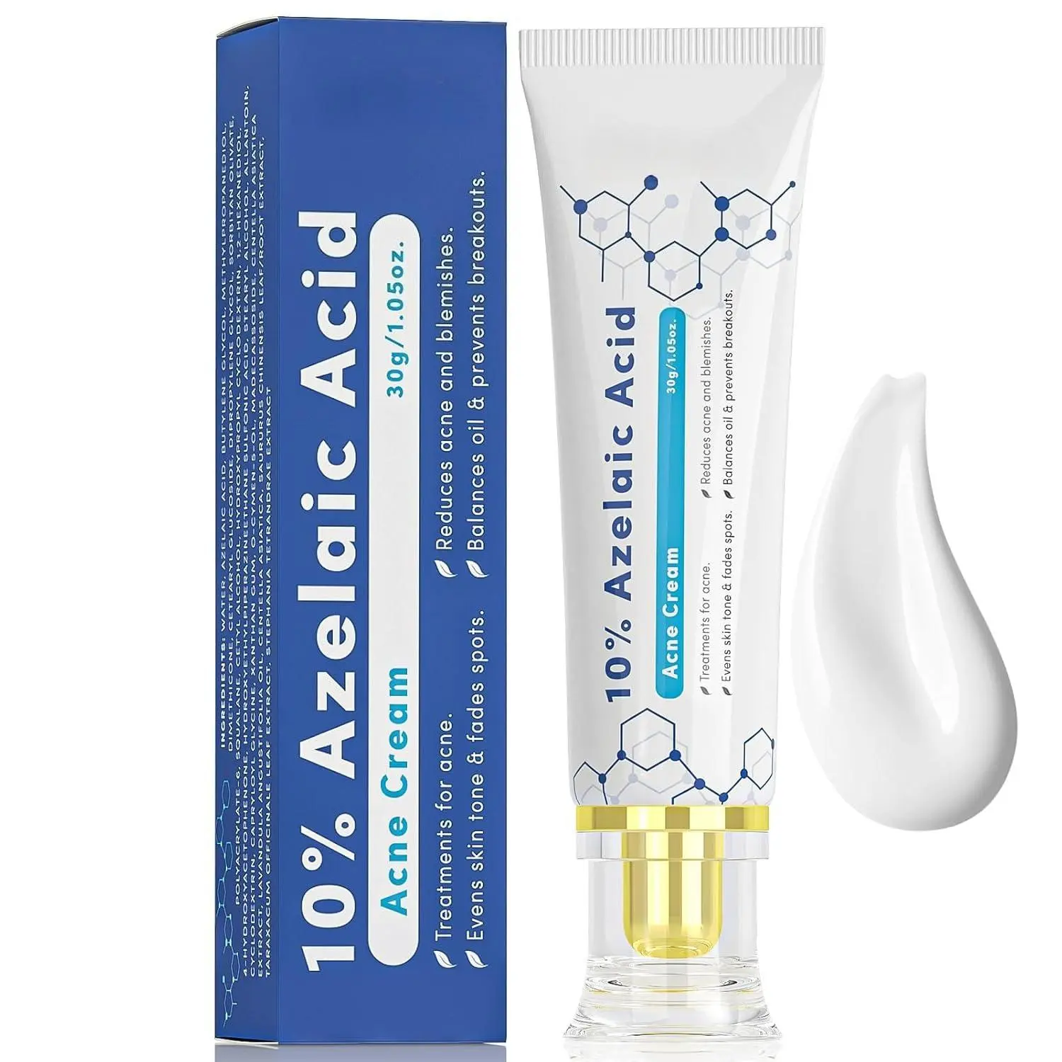 10% Azelaic Acid Acne Treatment Cream - Facial Moisturizer for Scar Removal, Redness Relief, and Breakout Prevention, 1 oz