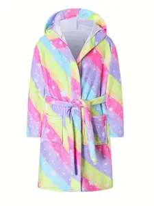 Kids Star Print Bathrobe - Cute Rainbow Striped Hooded Fleece Robe for Toddler Girls Boys, Ultra Soft Plush Flannel Warm Sleepwear Loungewear with Pockets and Waist Belt, Perfect for Bath Shower Pool Beach Spa, Cozy Nightwear Pajamas Magical Holiday Gift