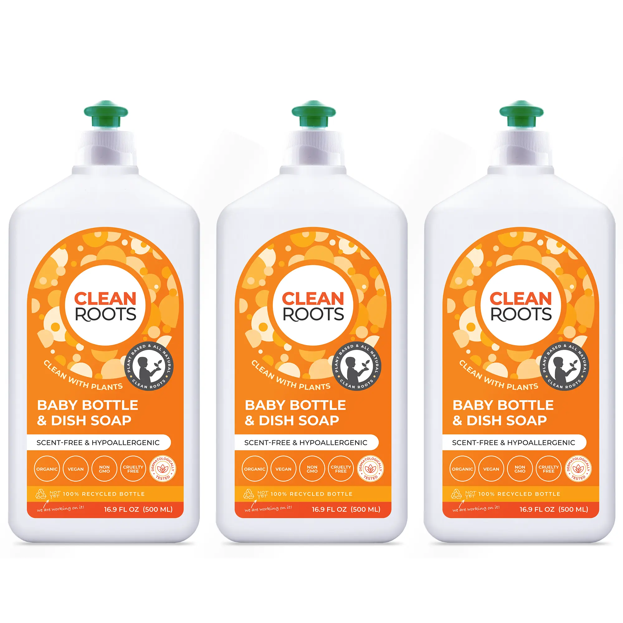 Clean Roots Baby Bottle & Dish Soap, Scent-Free & Hypoallergenic, EcoGarantie Certified 100% Organic & Natural Ingredients, Pack of Three 16.9 fl oz