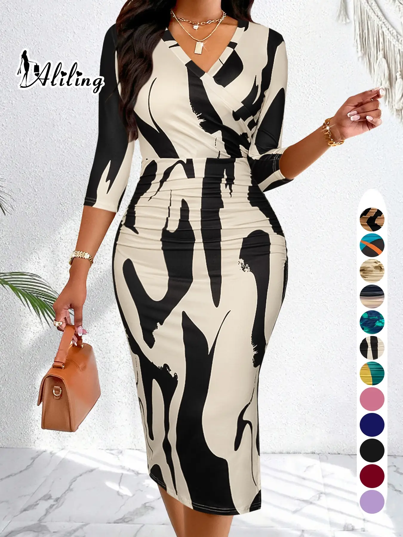 Aliling Women's All Over Print Bodycon Dress, Elegant Fashion Casual V Neck Dress for Daily Outdoor Wear, Women Dress for Spring Fall