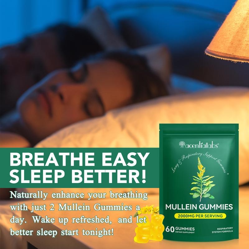 Acentiallabs Mullein Gummies 2000mg Per Serving 60 Count Daily Respiratory Health Gummies with Mullein Leaf Herb Extract for Lung Health & Sinus Relief Pear Flavor 30-Day Supply