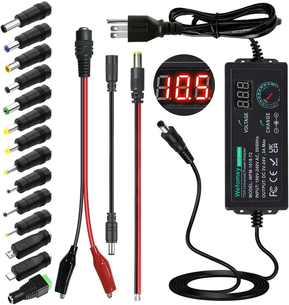 Universal Power Supply 3V~24V 3A 72W Adjustable Variable AC/DC Adapter Charr, 100V-240V AC to DC Converter with LED Volta Display & 14 Tips & Polarity Converter & Test Lead
