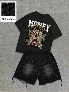 This men's casual Graphic T-shirt and shorts Matching set features rhinestones and distressed details, making it a stylish streetwear outfit suitable for all seasons Clothes