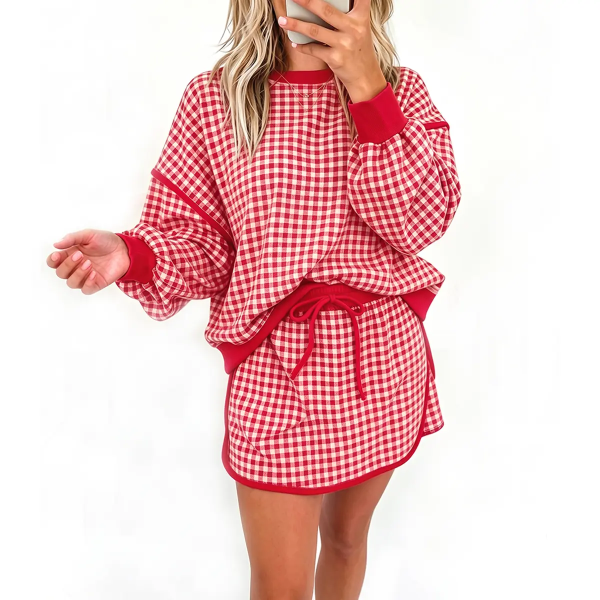 Znacicc Women's Red Gingham Oversized 2-Piece Set - Ribbed Trim Crewneck Pullover & Skort Combo, Relaxed Fit Drop Shoulder Outfit for Holiday Gatherings & Everyday Comfort