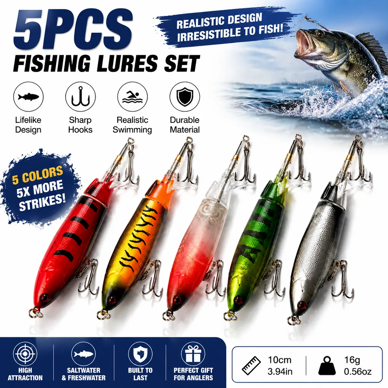 5‑Pack Value Topwater Propeller Fishing Lures Set Floating Hard Swimbait 10cm 16g With Sharp Treble Hooks Realistic Surface Splash Action Freshwater Bass Angling Tackle for Lake Fishing