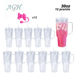 AGH US New 30oz Snow Globe Acrylic Plastic Double Walled Travel Handle Mug Tumbler 10/12pcs with Straw Topper