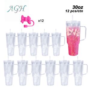 AGH US New 30oz Snow Globe Acrylic Plastic Double Walled Travel Handle Mug Tumbler 12pcs with Straw Topper