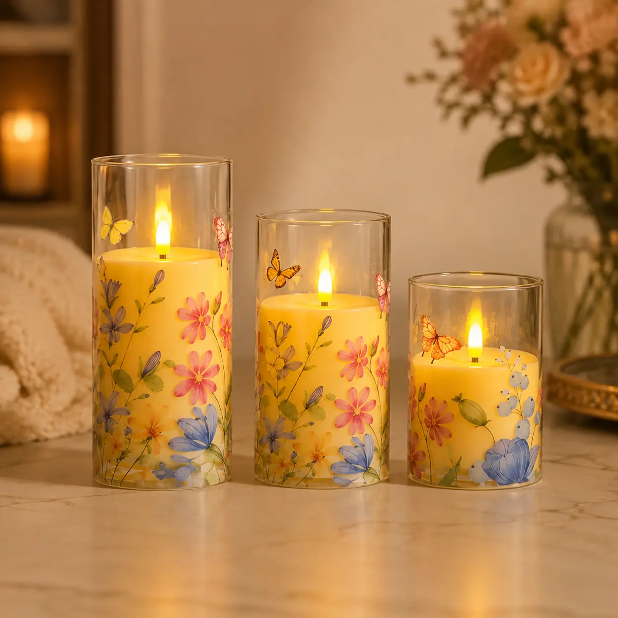 3-Piece Flame-Free Floral LED Candles: Decorative pillar candles with warm yellow light; 6-, 5-, and 4-inch purple floral candles; perfect for living rooms, bedrooms, dining tables, home decor, and holiday decorations