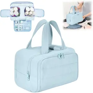 Travel Toiletry Bag,Lightweight Large Wide-open Travel Bag for Women,Puffy Cosmetic Makeup Bag Organizer with Handle for Accessories,Essentials,Toiletries,Grayish