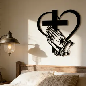 1 piece of vintage Christian Heart&Cross metal wall art, "Prayer Hand" design, iron sculptures for indoor/outdoor decoration, courtyard or holiday home decoration, room decor, Religious home decor