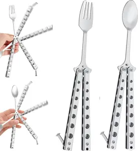 Tactical Stainless Steel Folding Butterfly Style Utensil Set | Fork, Spoon | Camping, Hiking, Kitchen, BBQ, Picnic Flatware | Unique Gift