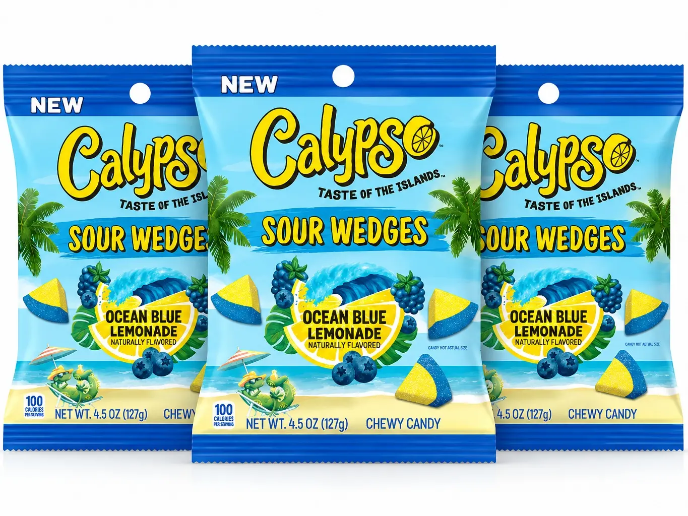 Calypso Sour Wedges Ocean Blue Lemonade Mix 4.5 oz (Pack of 3) - Chewy Candy Perfect for Halloween Parties and Christmas
