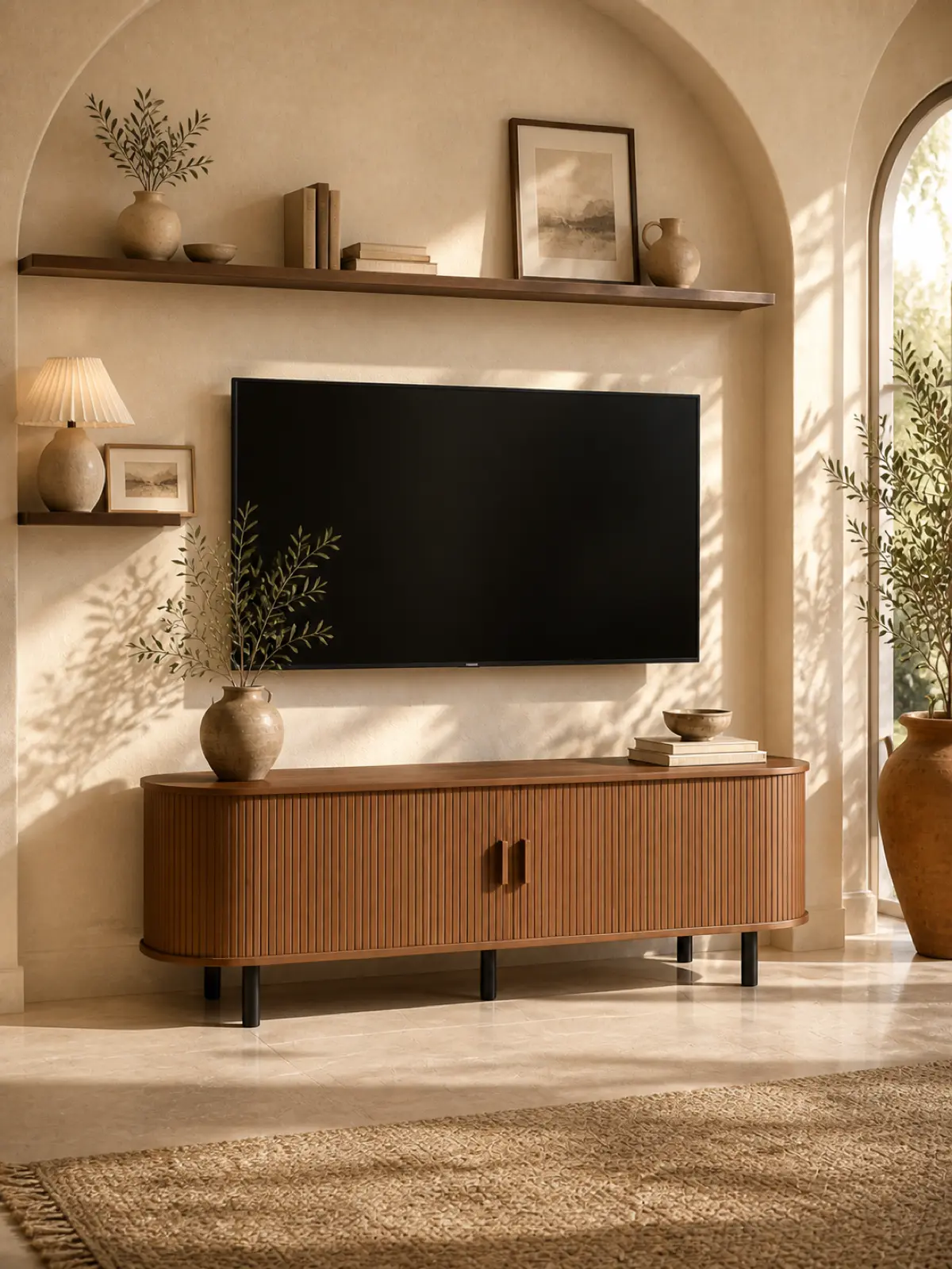 【Sliding Doors Design】ONBRILL 55"/63"/71"/86" Gorgeous Fluted TV Stand for TVs up to 60/70 Inch, Modern Entertainment Center with Power Outlet & Adjustable Shelves Storage for Living Room, Media Console,Bedroom Furniture,Christmas Gift【BackToSchool】