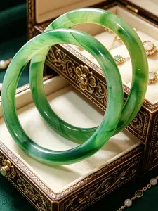 10mm Retro Ink Wash Green Jade Bangle, Minimalist Elegant Round Bar Bell Bracelet, Classic Oval Fit Style for Women