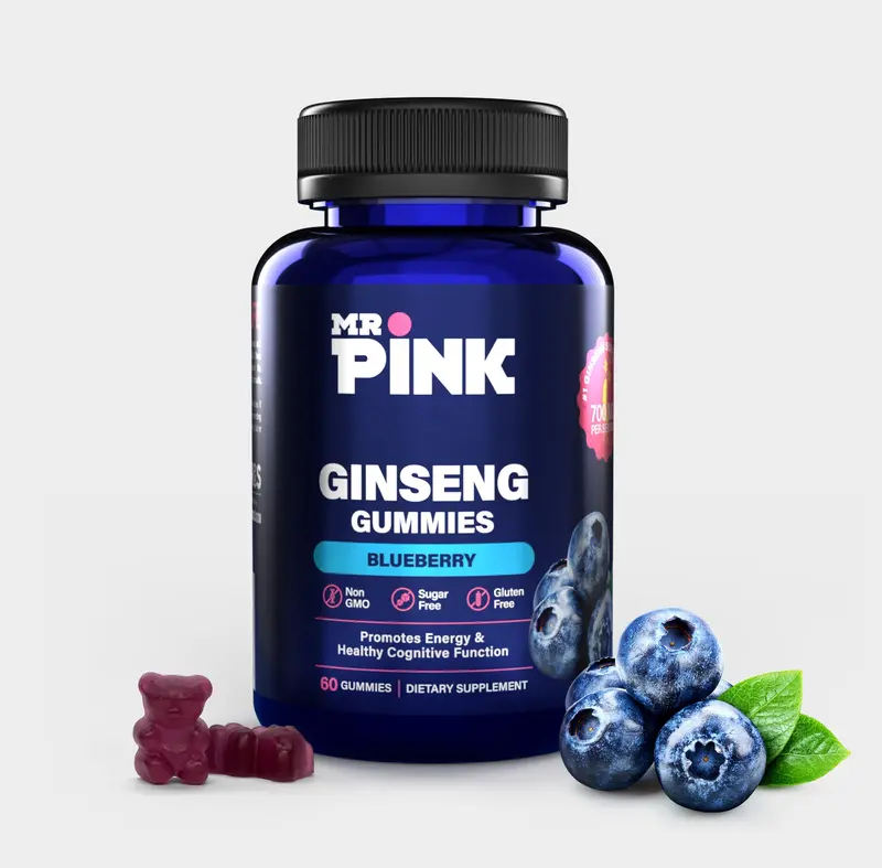 Natural Ginseng Gummies for Energy | Focus Brain Health & Stress Relief | Non-GMO, Sugar Free |  Blueberry Flavor |Boost Energy & Stamina |  Dietary Supplement by MR. PINK