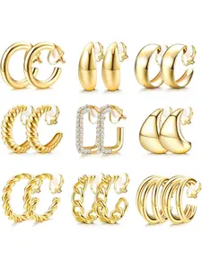9 Pairs Gold Clip on Earrings for Women Gold Plated Waterdrop Chunky Clip on Hoop Earrings No Piercing Fake Earrings Set