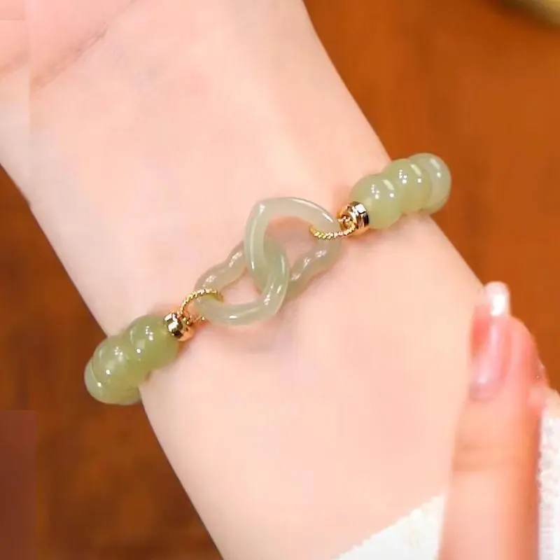 Genuine Green Jade Bracelet for Women, 8mm Natural Beads with Auspicious Heart Charm, Modern Traditional Style Jewelry for Daily Wear, Birthday or Anniversary Gift, Combines Modern And Traditional Styles, Diameter Of 8 Mm, Anniversary Gifts