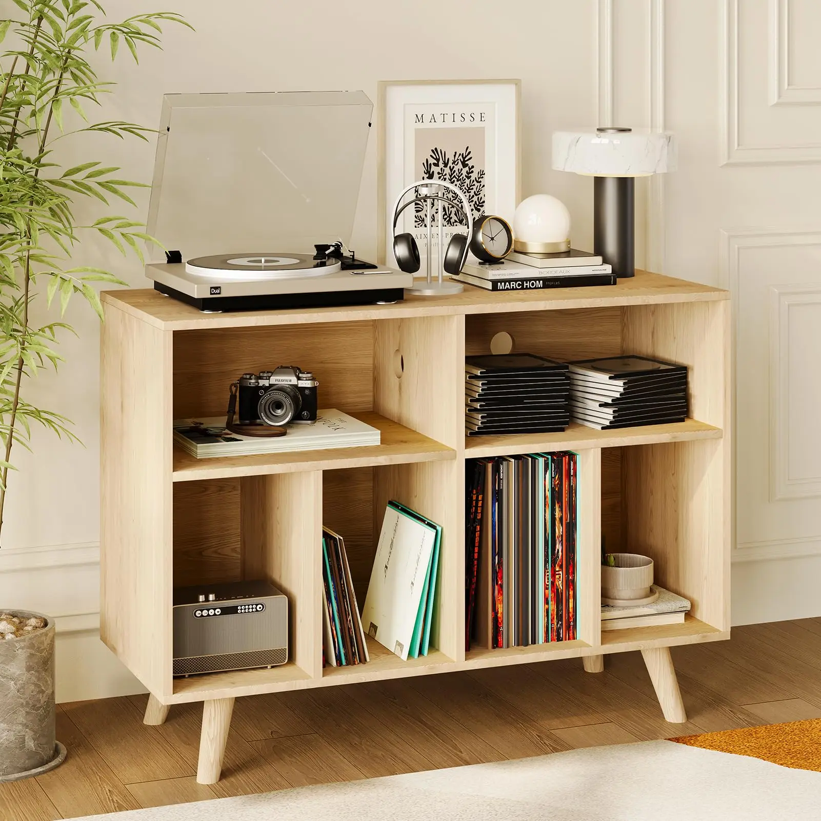 39 In Record Player Stand with Vinyl Storage & Charging Station, Modern Wood Turntable Stand for About 350 Albums, Compact Record Player Cabinet for Living Room Bedroom