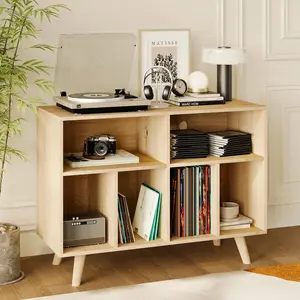 39 In Record Player Stand with Vinyl Storage & Charging Station, Modern Wood Turntable Stand for About 350 Albums, Compact Record Player Cabinet for Living Room Bedroom