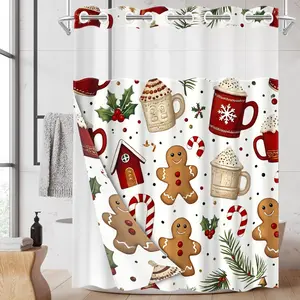 1PC/4PCS 2D Flat Printing Merry Christmas Gingerbread Man Coffee Cups Patterned shower curtain, home bathroom decor, shower curtain set with 12 hooks, non-slip bathroom rug, U-shaped toilet seat cover, toilet seat mat.
