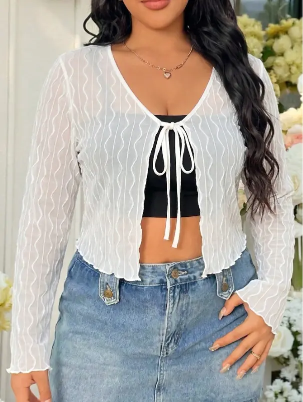 Women's Plus Size Tie Knot V-Neck Long Sleeve Cropped Top Autumn Vacation White Elegant Vacation