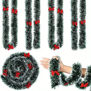 Set of 5 Christmas Tinsel Garlands Featuring Red Bows, Measuring a Total of 32.5 Feet in Length, Suitable for Indoor And Outdoor Holiday Party Decorations