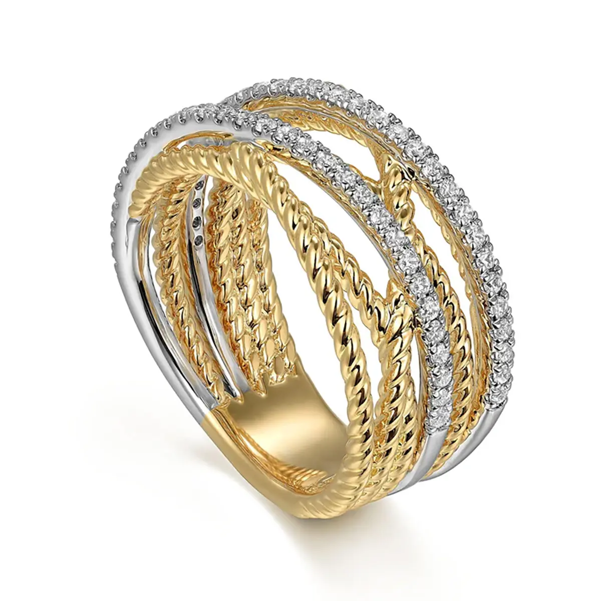 14K Gold 2-Tone Crossover Ring, 5A+ Zircon Interlocked Stackable Ring, Elegant Unisex Festive Gift for Engagement, Interlocked Stackable Rings