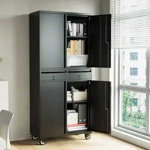 Metal Storage Cabinet, 73 Inch Garage Storage with Locking Doors and Adjustable Shelves, with 2 Drawers, Mobile Wheels, Heavy Duty Tool Cabinet, Metal File Cabinets for Office, Black